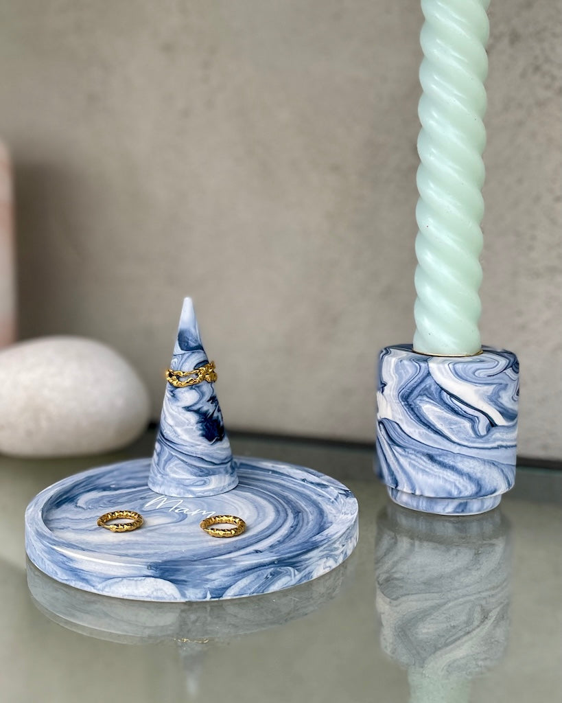 Sæt i blå/grå marmor med personlig tekst