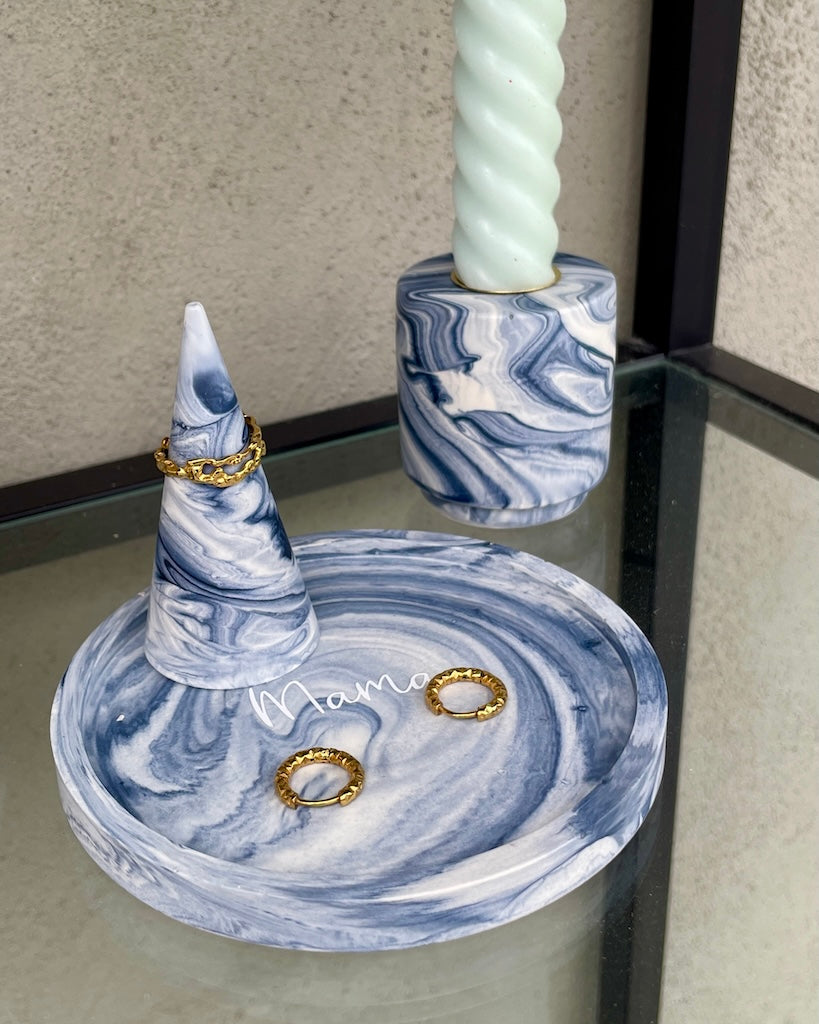 Sæt i blå/grå marmor med personlig tekst