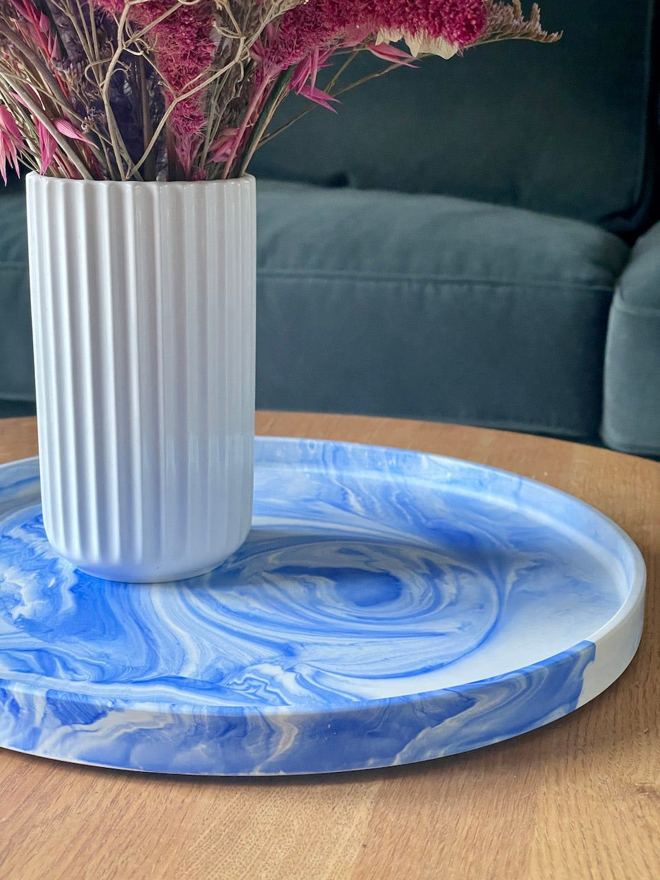 Stor rund bricka - Blå marmor