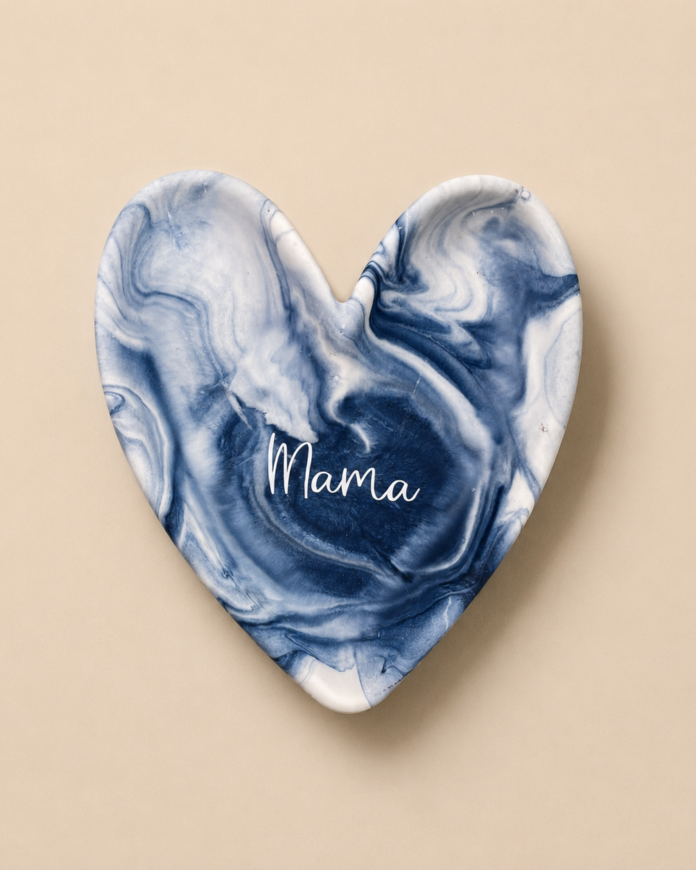 Smalt hjerte - Blå/grå marmor med teksten Mama