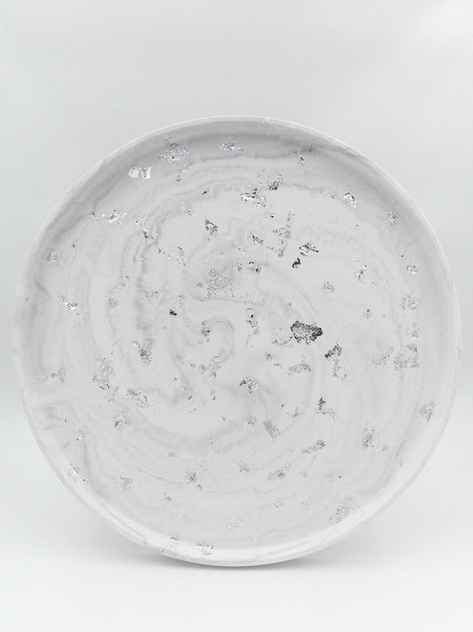 Stor rund bakke - Grå marmor med sølv (7381631336642)